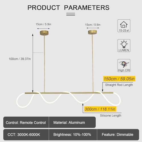 Gold Modern Chandelier 59.05inch Linear Chandelier Gold LED Pendant Light for Kitchen Island Lighting
