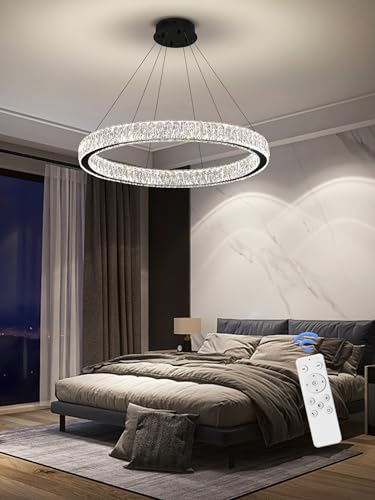 Modern LED Dimmable Crystal Chandelier 31.5" Ring Pendant Light Adjustable Black Round Crystal Chandelier Light Fixtures for Dining Room Living Room