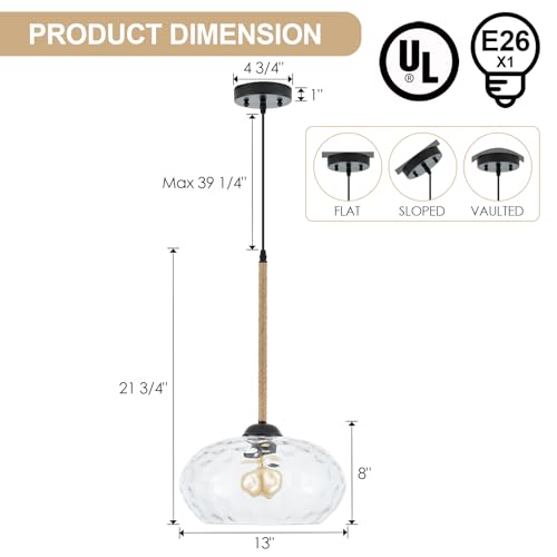 13” Large Hammered Glass Pendant Light Rattan Modern Industrail Chandelier for Kitchen Island Dining Room Hallway