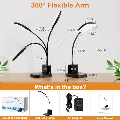 10W Wireless Charging LED Desk Lamp with Clock