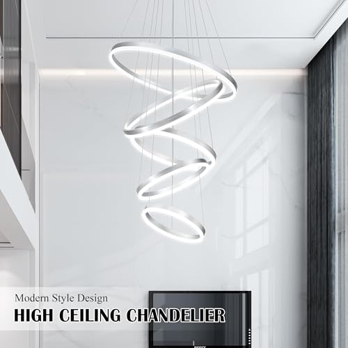 5 Rings Pendant Lights Modern Nickel Led Chandelier Nickel Modern Led Pendant Light Dimmable Height Adjustable Chandeliers for Dining Room Bedroom Entryway Living Room Foyer