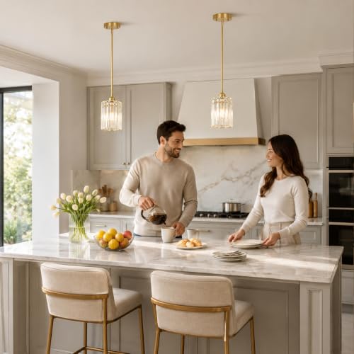 Brushed Gold Kitchen Pendant Lights Over Island with Adjustable Rods