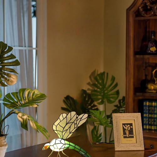 Tiffany Table Lamp Green Dragonfly Stained Glass Bedside Nightstand Night Light