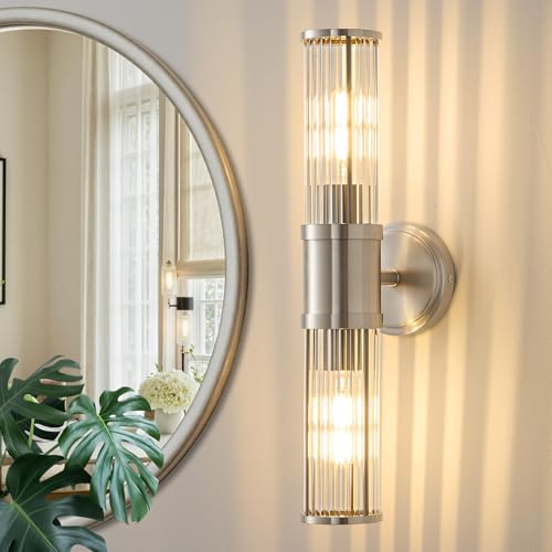 Hardwired Nickel Bathroom Vanity Light Glass Rod Wall Sconce