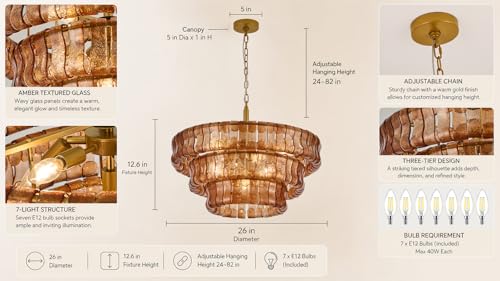 3 Tier 26 Inch Amber Crystal Glass Chandeliers