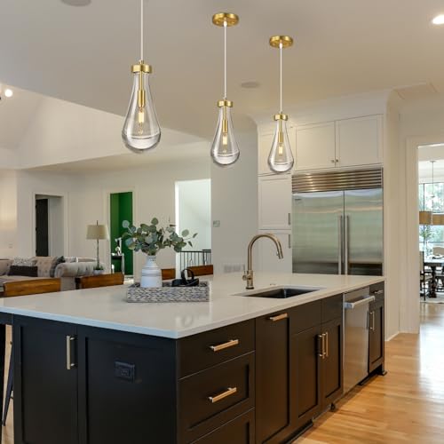 Raindrop Pendant Lights Kitchen Island Teardrop Gold Hanging Light Fixtures Clear Solid Glass Pendant Light Modern Chandeliers for Dining Room Porch Corridor Living Room…