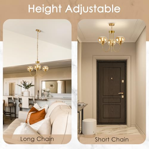 Mid Century Modern Globe Chandelier 3 Light Amber Glass Vintage Sputnik Chandeliers Gold Pendant Light Fixtures for Dining Room Kitchen Living Room Bedroom