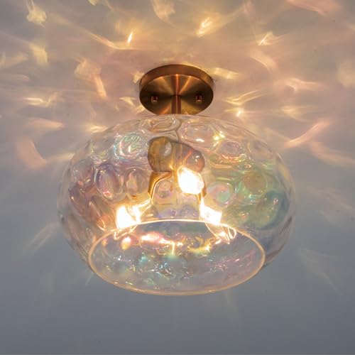 Brass Gold Semi Flush Mount Ceiling Fixture Large Hammered Glass Shade Modern Close to Ceiling Light 14" Art Lampshade for Hallway Foyer Bedroom