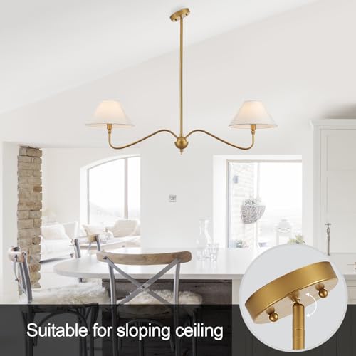 Modern Gold Linear Chandelier for Kitchen Island, 2-Light Linear Light Fixture with Off-White Fabric Shade, Rustic Pendant Light for Dining Room