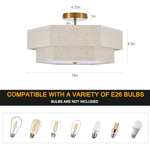 18" Large Gold Semi Flush Mount Ceiling Light