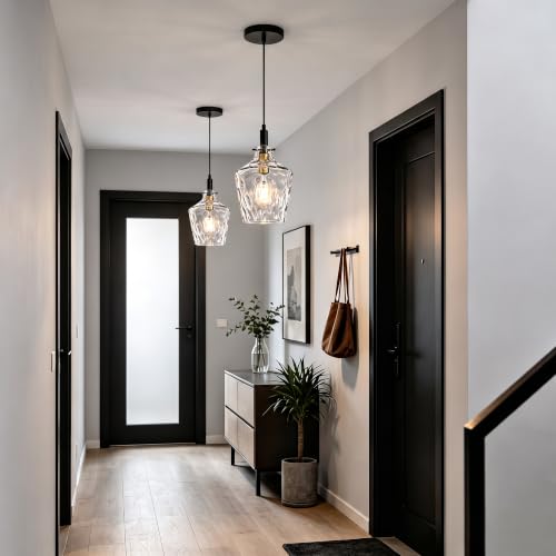 Hammered Glass Pendant Light for Kitchen Island 2 Pack Black Gold 8 Inch (2 Count)