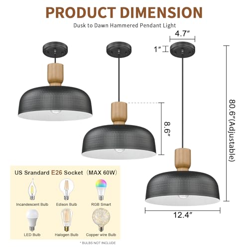 Dusk to Dawn Industrial Pendant Light Fixtures Ceiling Hanging with Hammered Metal Shade