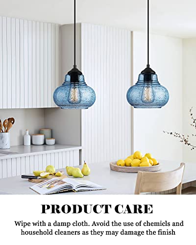 8 Inch Pendant Light for Kitchen Island Modern Blue Hand Blown Bubble Glass Pendant Lighting Hanging Light fixtures for Dining Room Bar Bedroom Living Room