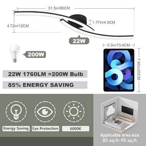 Modern LED Ceiling Light 22W Black Linear Ceiling Lights Fixture 6000K Aluminum 31.4Inch Long Flush Mount Ceiling Light Fixture Lamp for Bedroom Hallway Kitchen Bathroom