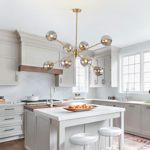 Modern Vintage Globe Sputnik Chandelier Gold Smoked Gray Glass Light Fixture Large 8 Light Mid Century Brushed Brass Pendant Light Kitchen Island Contemporary Ball Hanging Lamp