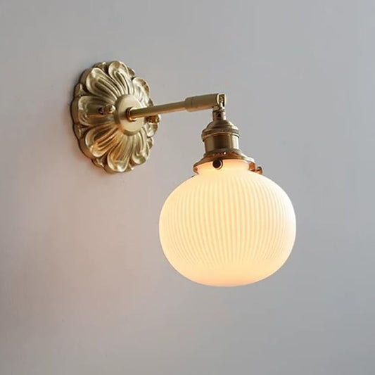 Japanese Style Brass Wall Sconce Modern Adjustable Indoor Wall Lamp with Globe Milk White Glass Shade Striped Finish, Wabi Sabi Creative Home Decor Lighting Fixture for Bedroom E27