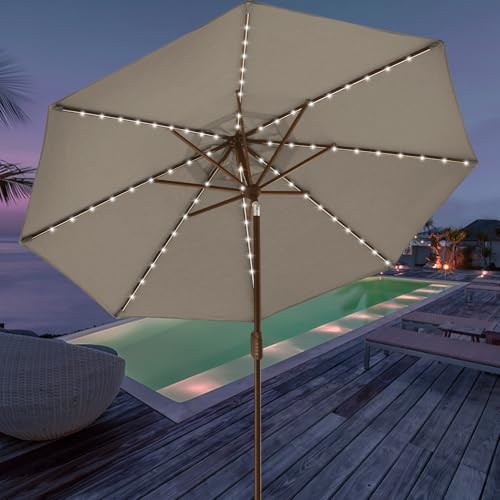 USA 10-Year-Non-Fading 9ft Market Patio Umbrella, Commercial Grade Table Sun Umbrella with 80 Solar LED Lights, Crank Open, Windproof & UPF 50+ UV Protection for Garden, Deck, Pool, Backyard, Mushroom