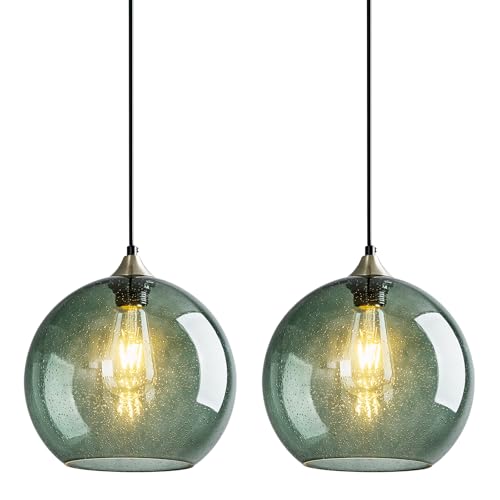 Gray Green Glass Pendant Lights Kitchen Island Lighting Globe Pendant Light Fixtures Modern Pendant Lighting for Kitchen Island Bedroom Living Dining Room Light Fixture (2 Count)