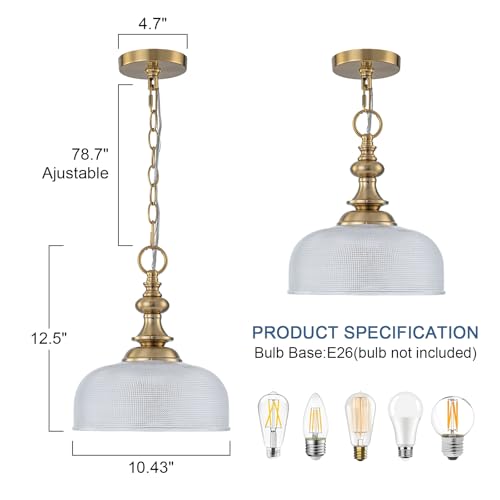 EDSILIVE Vintage Glass Pendant Lights Kitchen Island 10" Bowl Clear Glid Glass Hanging Ceiling Light Fixture with Brass Gold Finish for Dining Room Kitchen Table