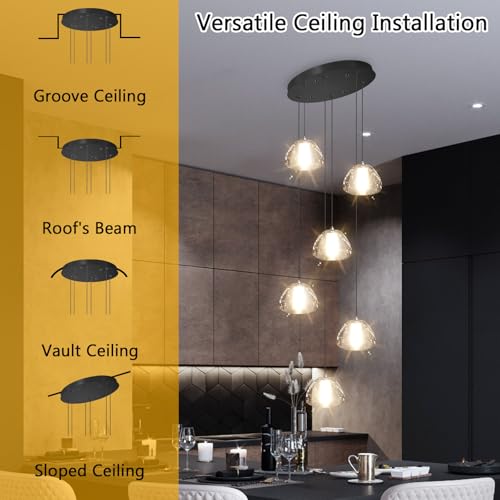 6 Lights Modern Crystal Chandelier for Entrance LED Pendant Light for Kitchen Island Foyer Living Room Bedroom Staircase 3000K (6 Count)