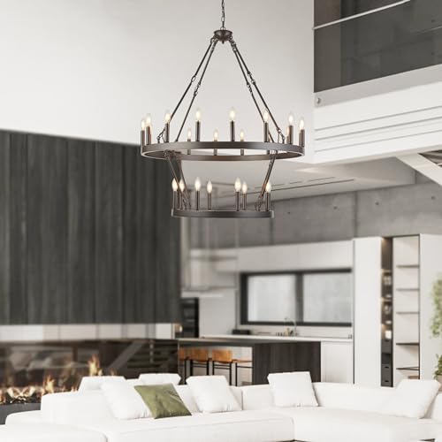 Large Chandeliers for High Ceilings Wagon Wheel Chandelier Kitchen Table Lighting 2 Tier 24 Lights Oil Rubbed Bronze Rustic Farmhouse 39.3 Inch for Dining Room Kitchen Island