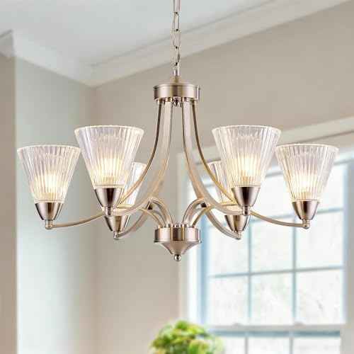 6 Light Brushed Nickel Dining Room Chandelier, Adjustable Farmhouse Chandelier with Frosted Glass Shades, Dimmable Modern Rustic Hanging Light for Kitchen Island, Living Room, Sloped Ceiling, Foyer