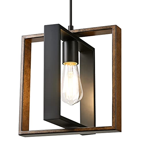 Farmhouse Pendant Light Wood Grain Finish Black Adjustable
