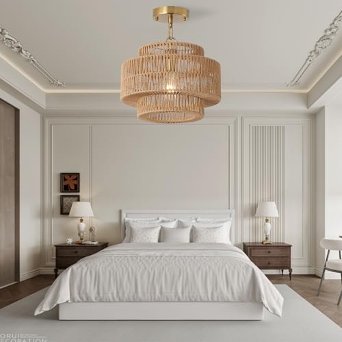 12.4" Boho Rattan Farmhouse Chandeliers for Dining Room