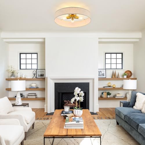 Gold Semi Flush Mount Ceiling Light Fixture 24" Large Modern Ceiling Light with Linen Fabric Drum Shade 5