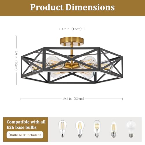 Modern Farmhouse Black and Gold Semi Flush Mount Ceiling Light 19.7 in