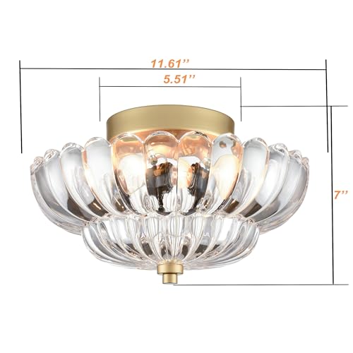 Gold Ceiling Light Fixture with Scalloped Clear Glass Shade