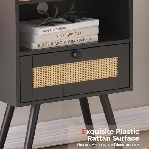 Nightstand with Charging Station & Rattan