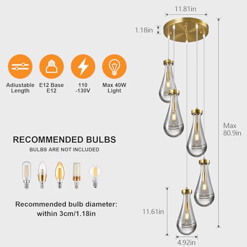 Raindrop Pendant Lights Kitchen Island Teardrop Gold Hanging Light Fixtures Clear Solid Glass Pendant Light Modern Chandeliers for Dining Room Porch Corridor Living Room