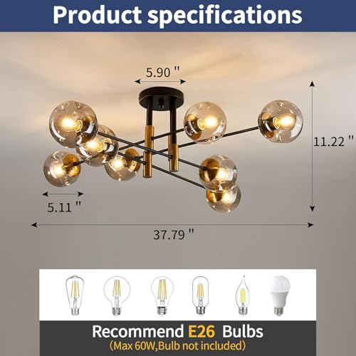 8 Light Sputnik Chandelier with Glass Globe Mid Century Modent Black Gold Ceiling Light Fixture Large Flush Mount Chandelier for Dining Room Bedroom Living Room Kitchen