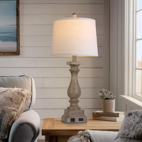 28" Tall Farmhouse Table Lamp with USB C+A Ports and AC Outlet