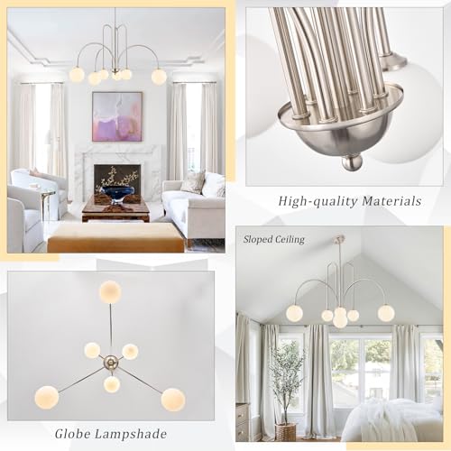 Modern 40" 6 Light Nickel Sputnik Chandelier with Milk Glass Globe
