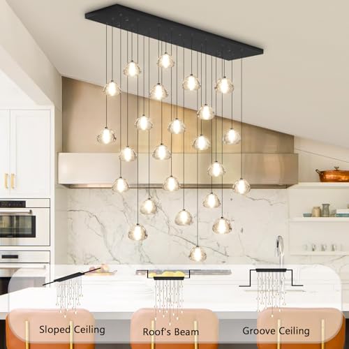 24 Lights Modern Rectangular Crystal Chandelier LED Raindrop Ceiling Pendant Light Crystal Lighting Fixture for Living Room Hotel Staircase Hallway Foyer Entryway Bedroom Black