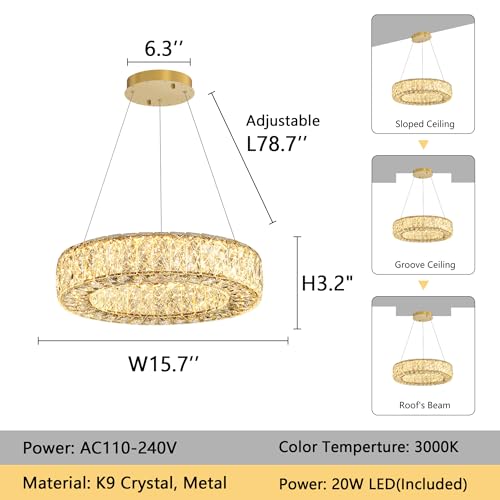 16 Inch Chandelier Glam Dimmable LED Crystal Chandeliers Luxury Round Pendant Lighting Fixtures for Dining Room Bedrooms Gold
