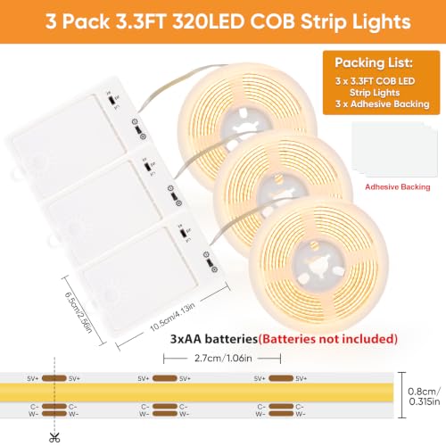 3 Pack Battery Powered COB LED Strip Lights (2700K-6000K / 3.3FT 320LEDs- 3Pack)