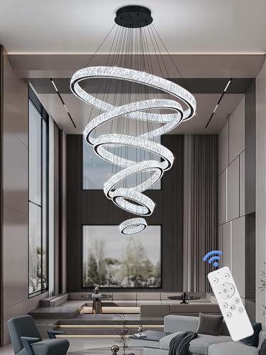 Extra Large 6 Ring Crystal Chandelier Modern LED Long Crystal Chandelier for High Ceiling Height Adjustable Black D8+15.7"+23.6"+31.5"+39.4"+47.5" Dimmable 2700K