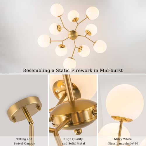 10 Light Sputnik Ceiling Light Milk Glass Globe Chandelier for Living Room