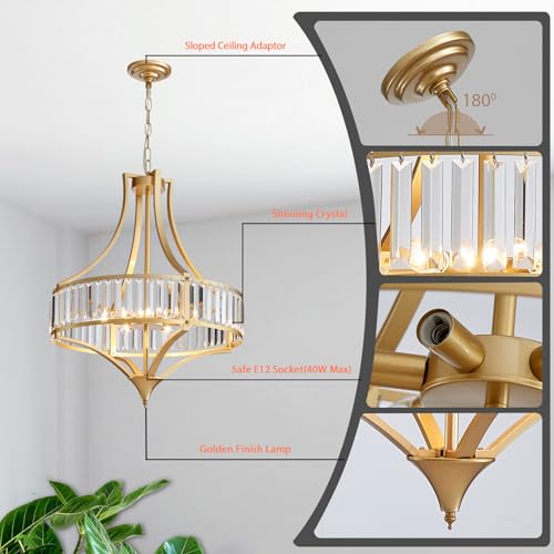 21.6" Gold Crystal Chandeliers Modern Vintage Chandelier with Round Metal Shade Art Deco 6 (6 Count)