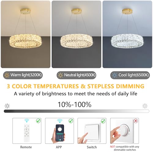 16 Inch Chandelier Glam Dimmable LED Crystal Chandeliers Luxury Round Pendant Lighting Fixtures for Dining Room Bedrooms Gold