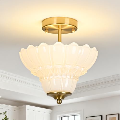 Vintage Gold Semi Flush Mount Light with Floral White Shade (Gold and White)