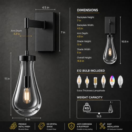 Black Raindrop Brass Wall Sconces (2 Count)