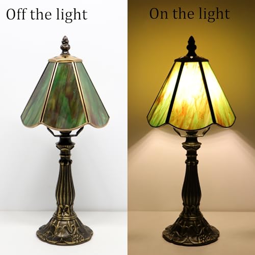 Small Tiffany Style Table Lamp Amber Green Stained Glass Lamp 14 Inch