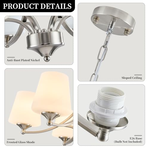6 Light Brushed Nickel Chandeliers for Dining Room with Frosted Glass Farmhouse Silver Ceiling Hanging Lighting Fixtures Classic Pendant Lamp for Living Room