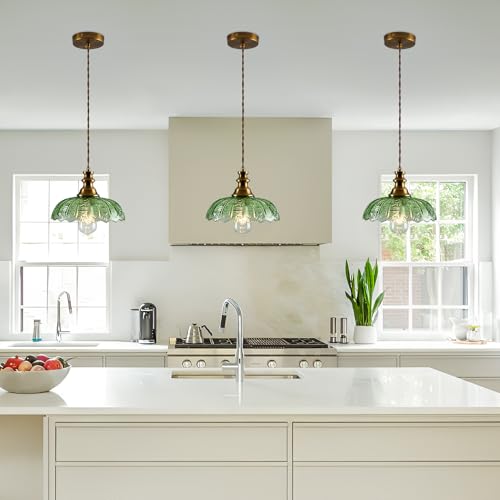 1 Light Pendant Light with Brass Gold Metal Green Glass Shade and Adjustable Cord Industrial Ceiling Hanging Light for Kitchen Island Bar Dining Room Bedroom Foyer Hallway Farmhouse