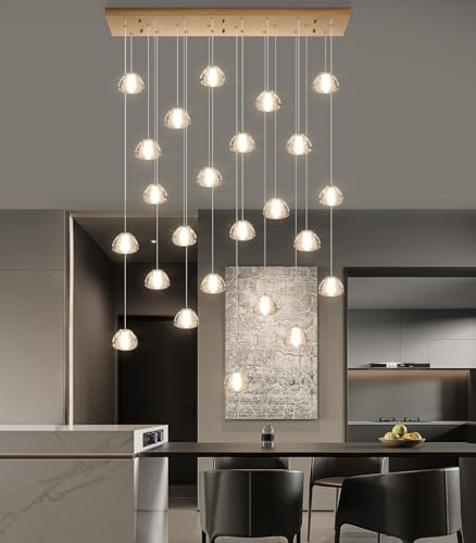 24 Lights Modern Crystal Rectangular Chandelier LED Raindrop Ceiling Pendant Light Crystal Lighting Fixture for Living Room Hotel Staircase Hallway Foyer Entryway Bedroom Gold (24 Count)