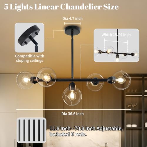 5 Lights Linear Chandelier Modern Black Clear Glass Globe Pendant Light